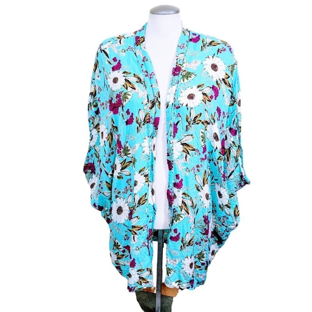 Victorias Secret Open Front Kimono Womens Size M L Blue Floral Boho Romantic
